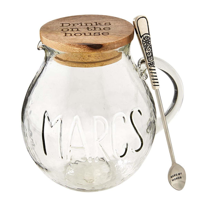 mud pie clear glass pitcher with topper and spoon that says margs
