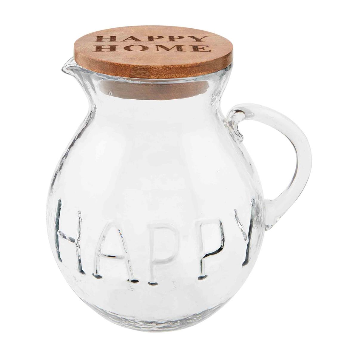 glass pitcher by mud pie that says happy