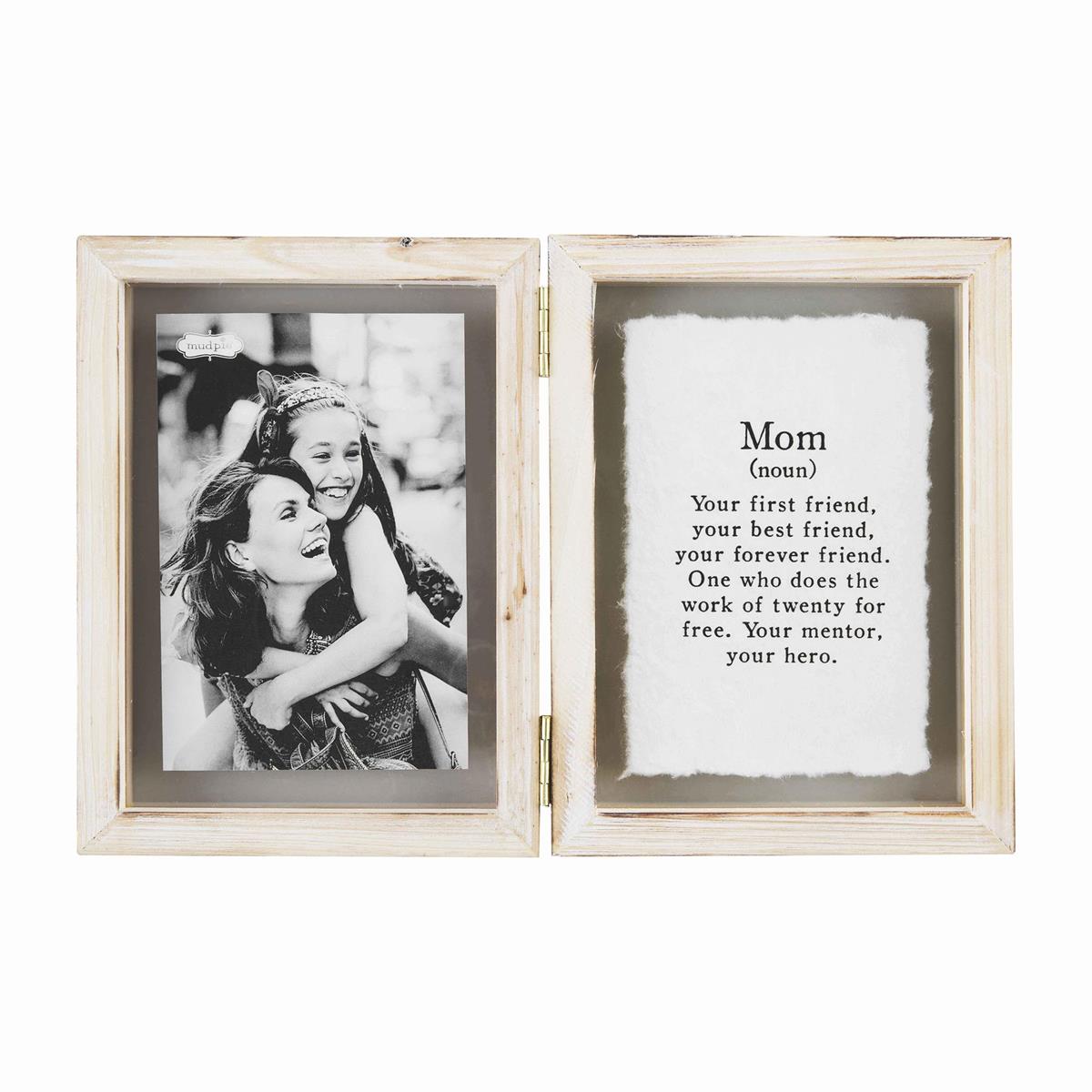 mom hinged frame with quote on one side and picture on other. white wash wood mud pie