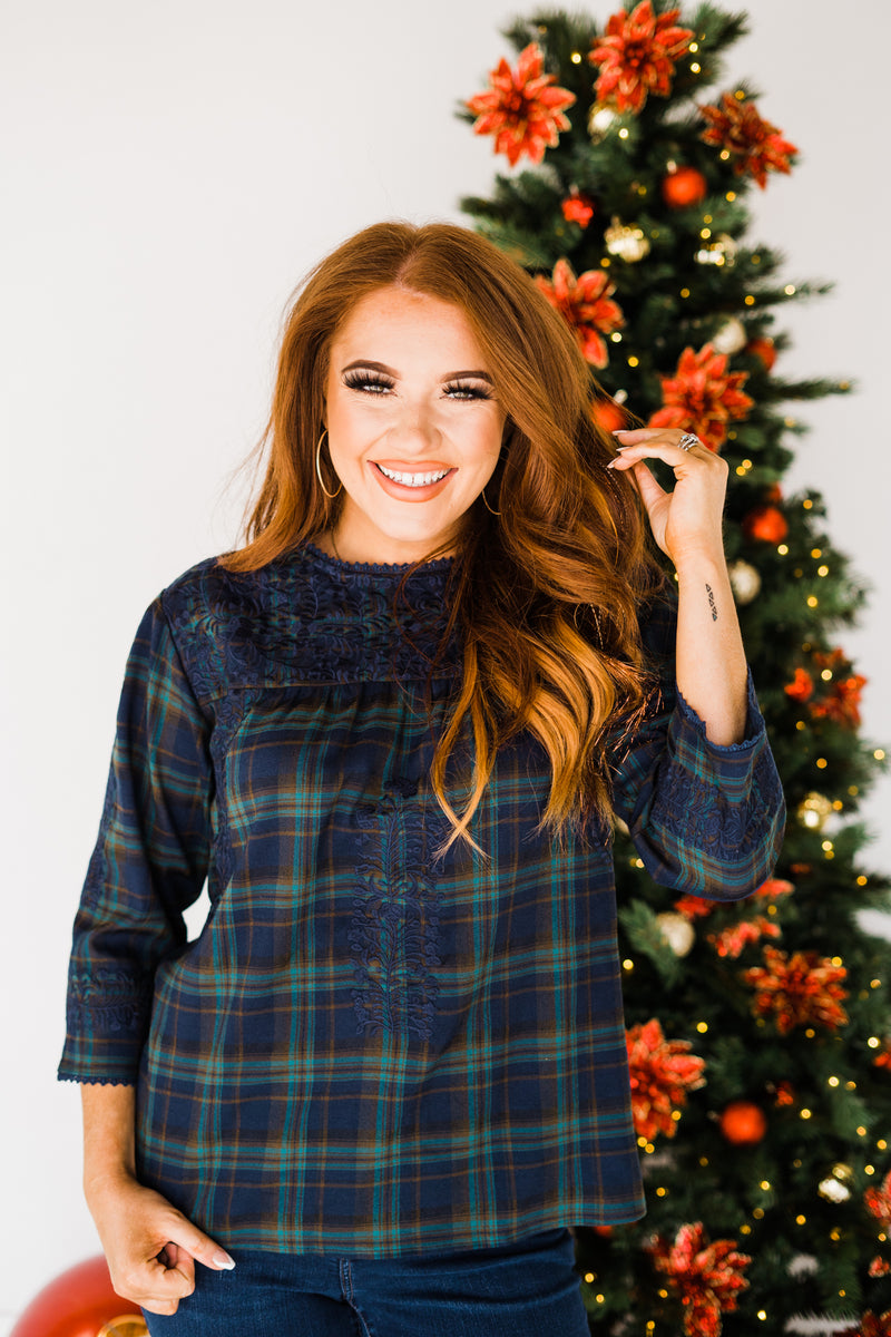 blue and green 3 quarter sleeve embroidered top