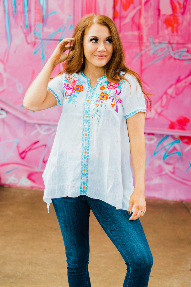 white linen top from layerz clothing with embroidery