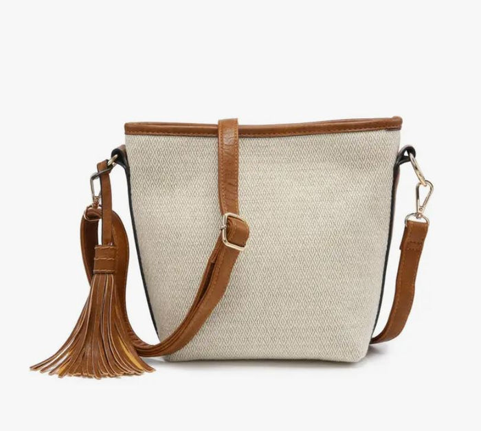 cream and brown textured print bag