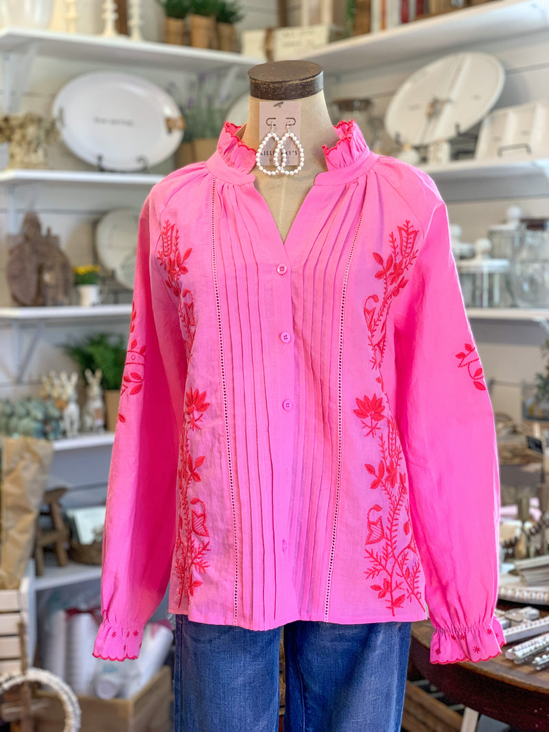 bright pink long sleeve embroidered top