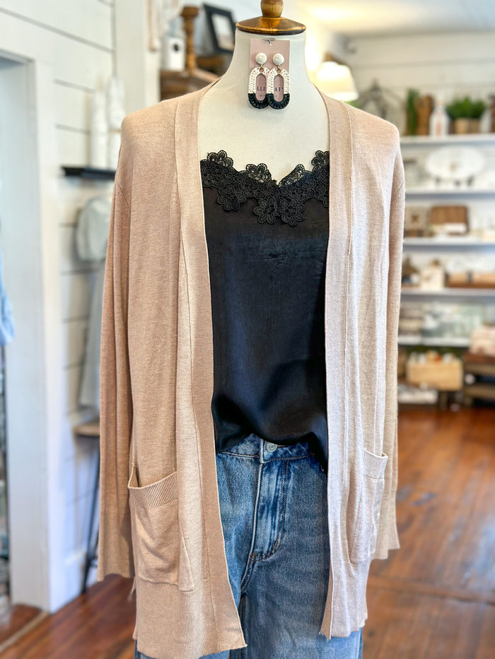 tan open front cardigan with pockets