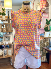 pink and yellow flower top with ruffle sleeves