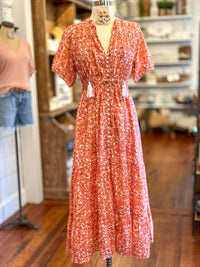 coral red floral button down dress