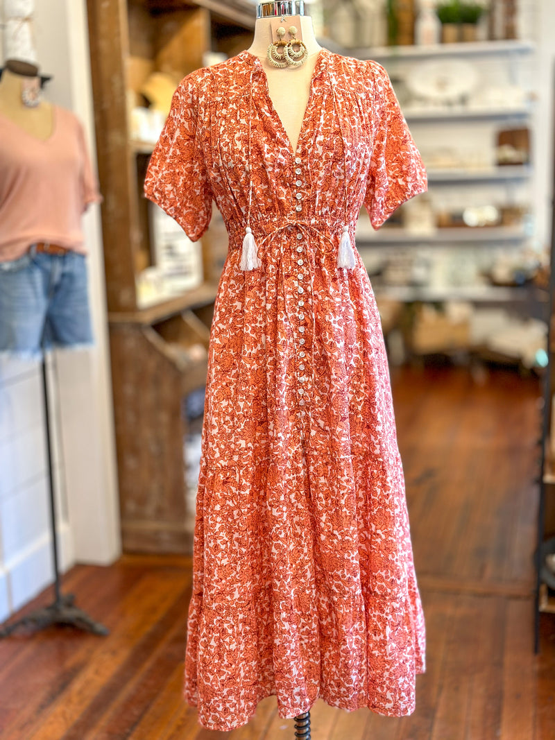 coral red floral button down dress