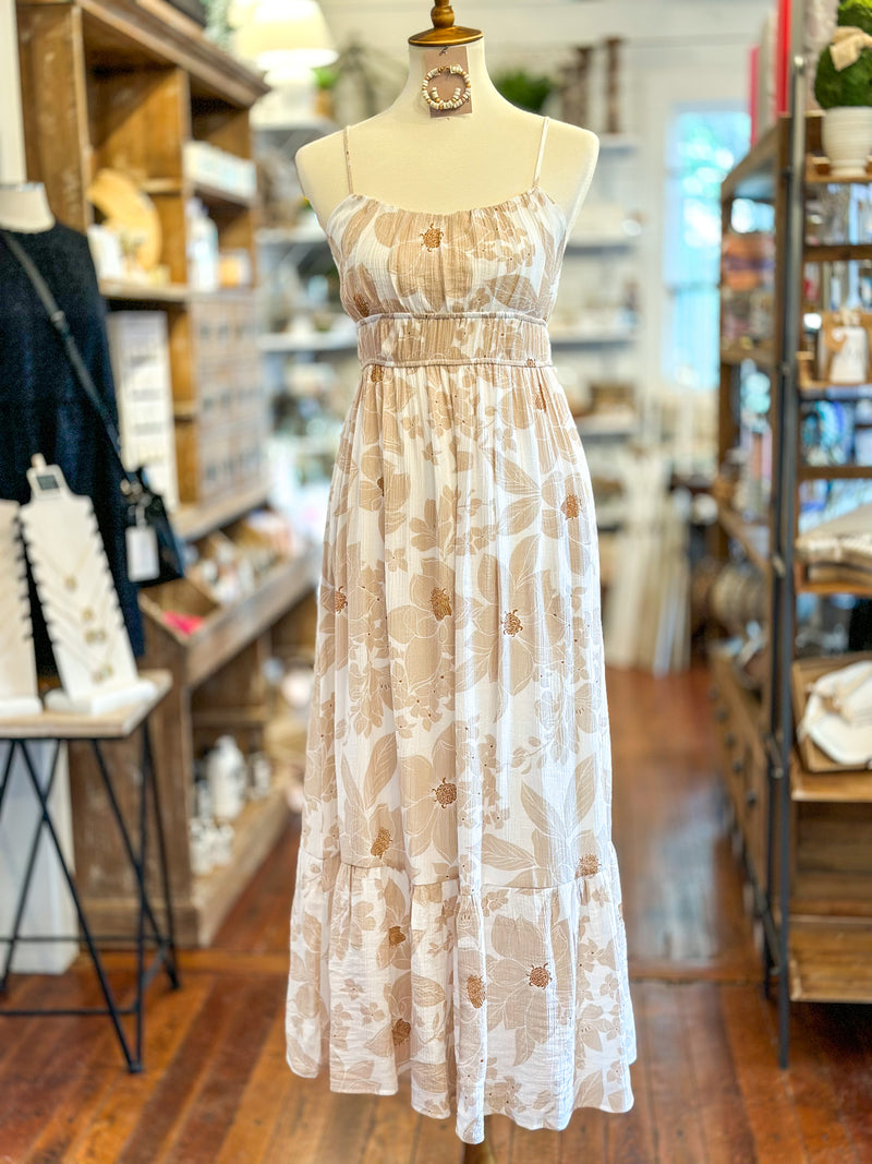 tan and cream floral maxi dress