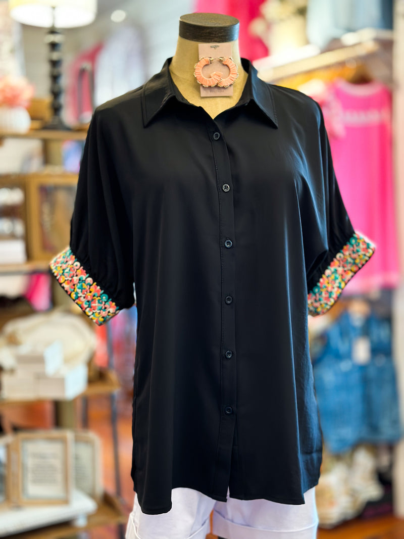 washco britton top black button down with coloful embroidered sleeves