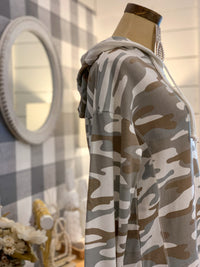 cream, tan and green hooded pullover top