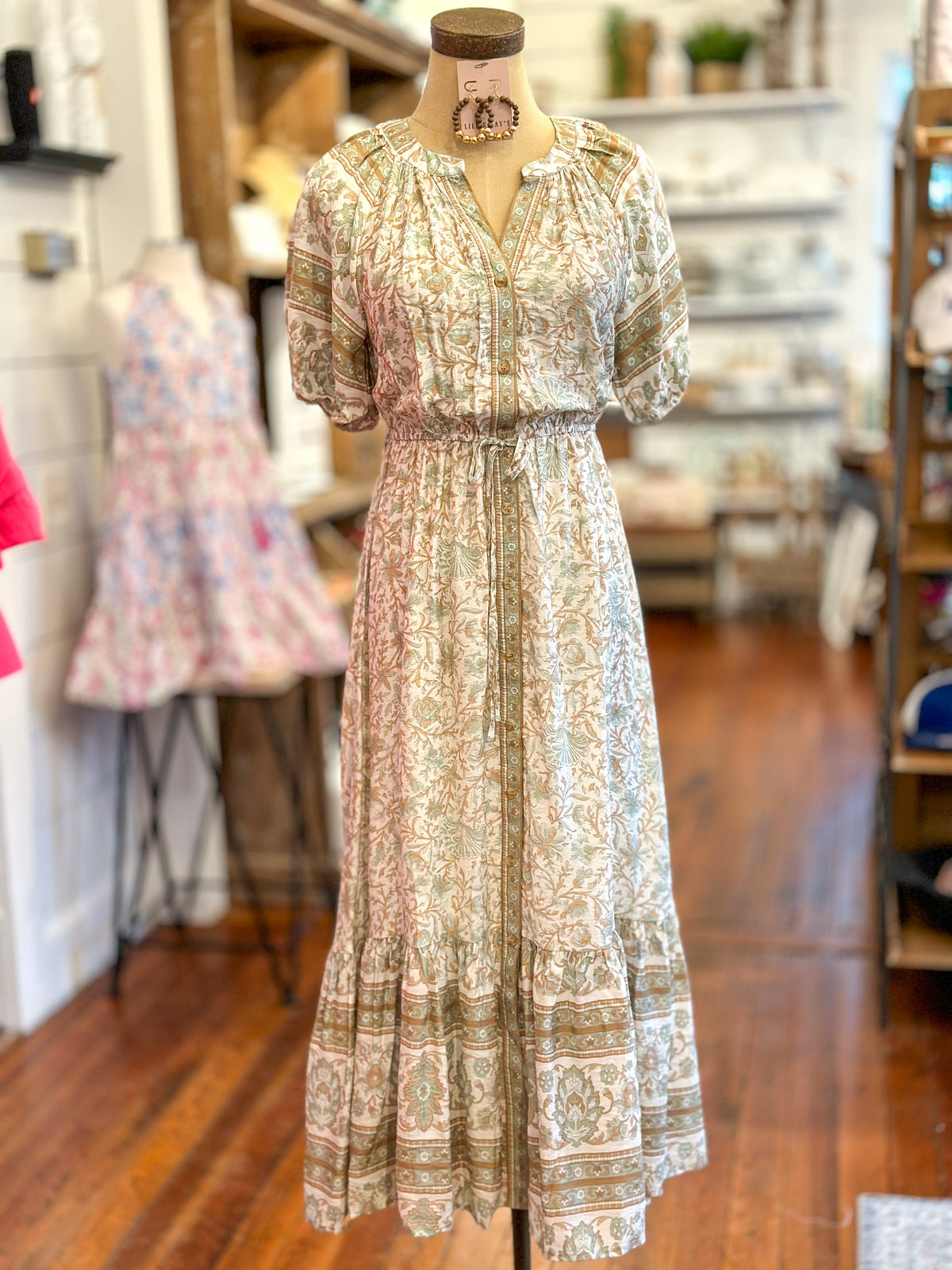 light green and tan printed dress