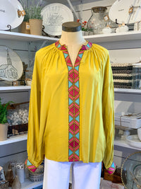 yellow long sleeve top with multi color embroidery details layerz clothing
