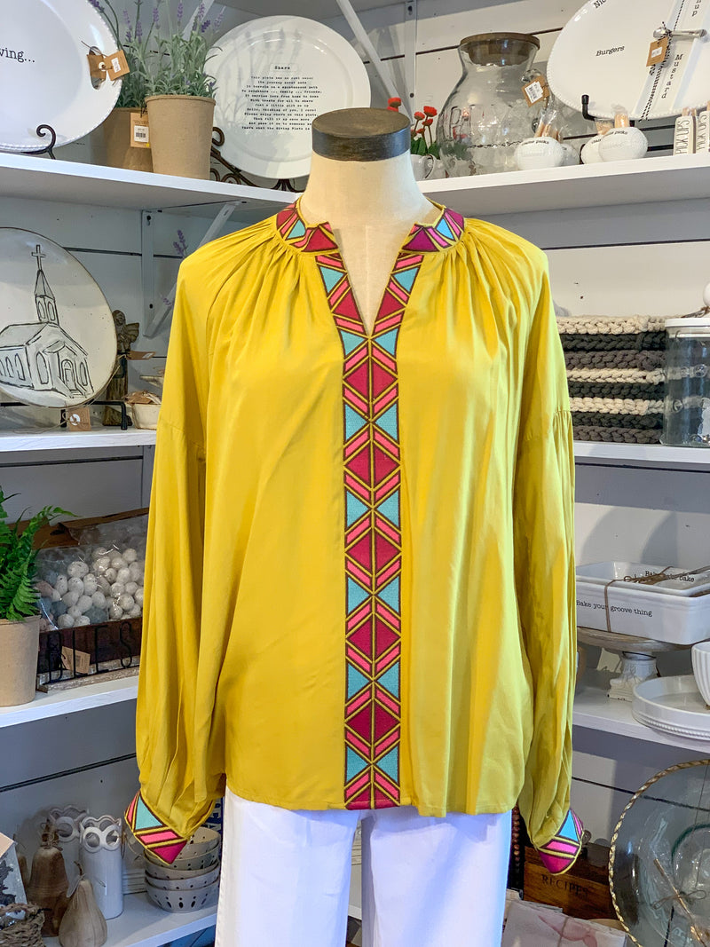 yellow long sleeve top with multi color embroidery details layerz clothing