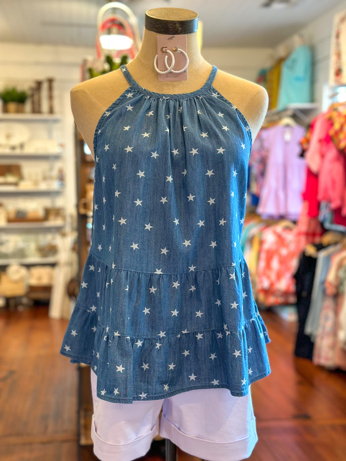 denim style top with white stars