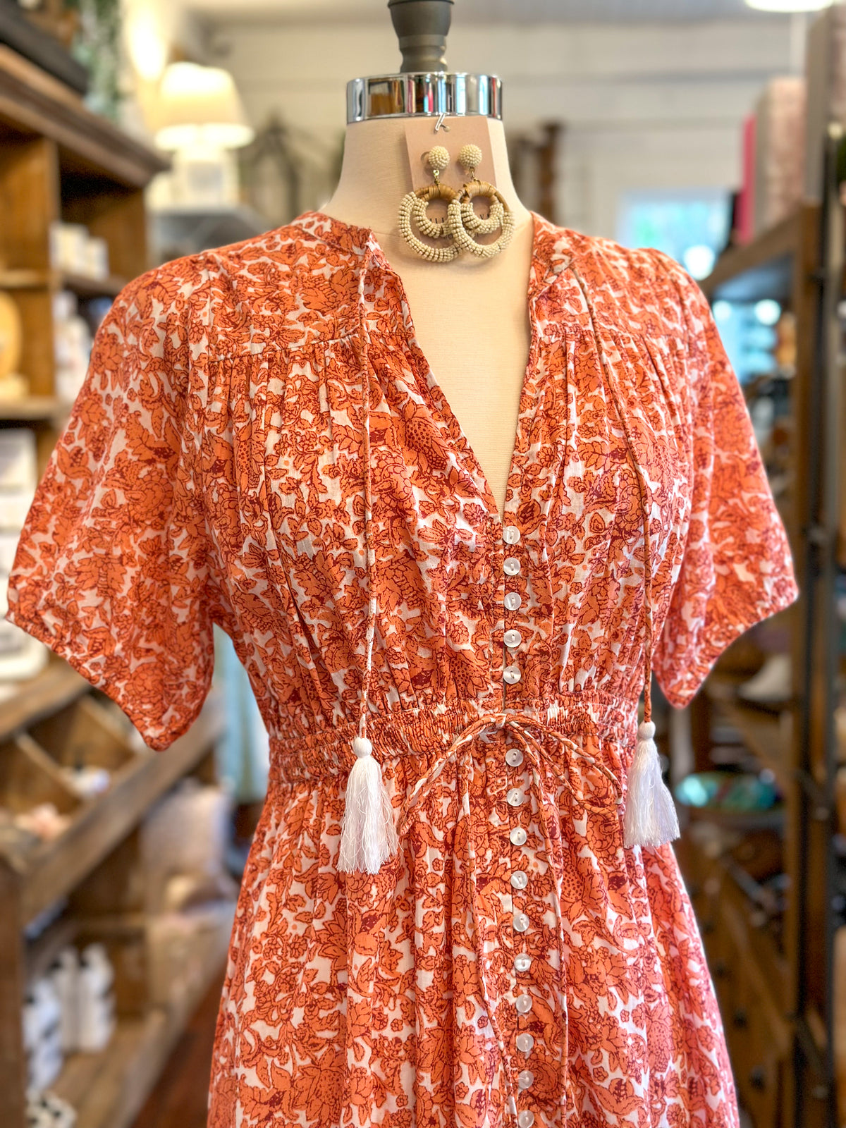 coral red floral dress