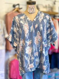 blue pink cream v neck top