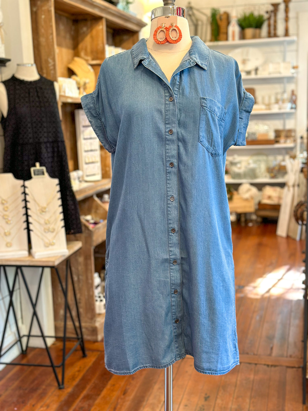 denim button down dress with pocket on front chest