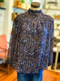 blue sheer paisley printed high neck top