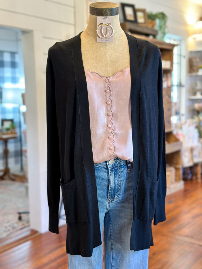 black open front cardigan with pockets