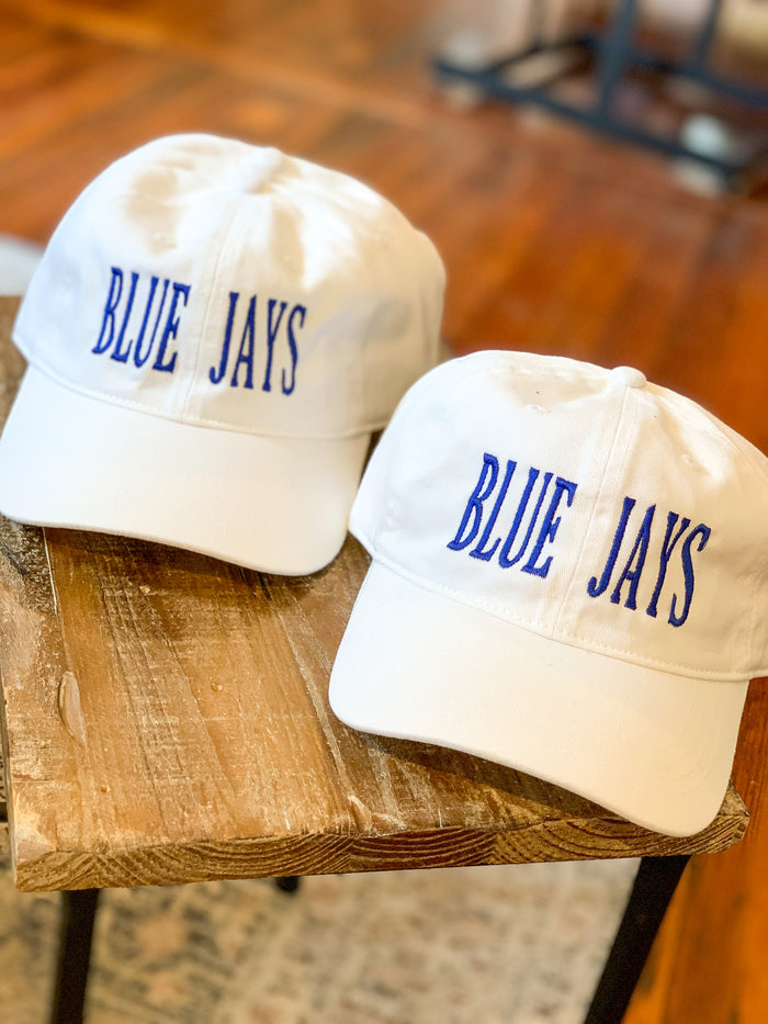 white hat with royal blue thread blue jays
