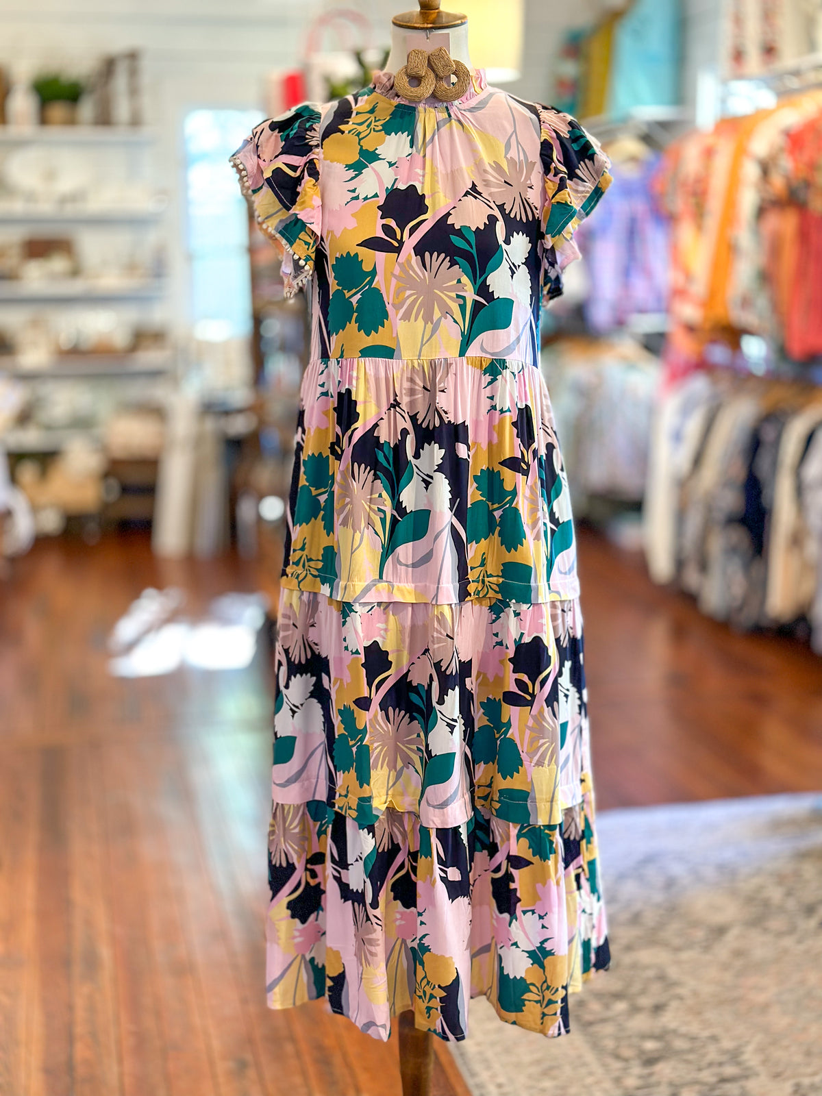 thml multi color print dress with flutter sleeves