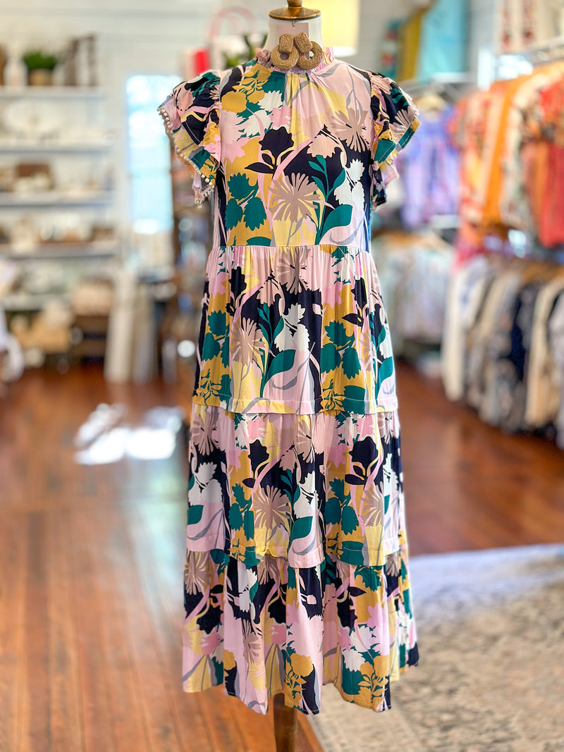 thml multi color print dress with flutter sleeves