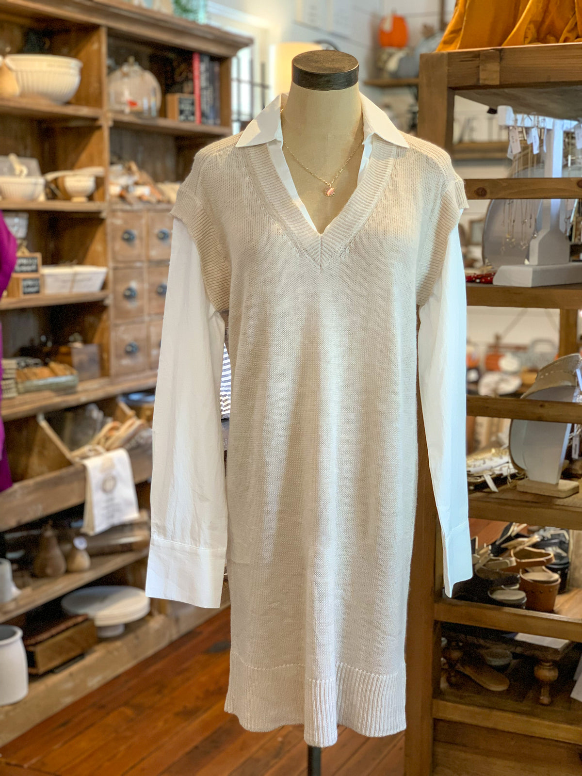cream sweater dress with white sleeves for contrast look