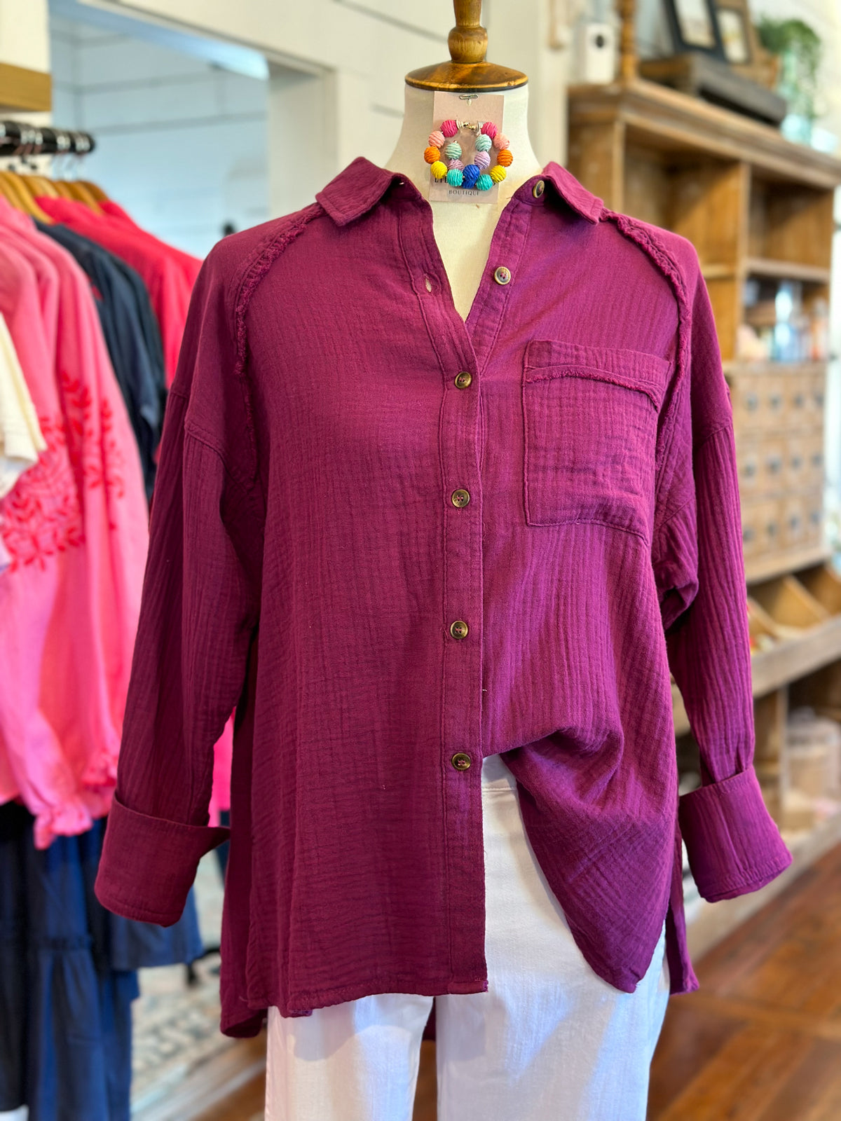 magenta button up long sleeve top