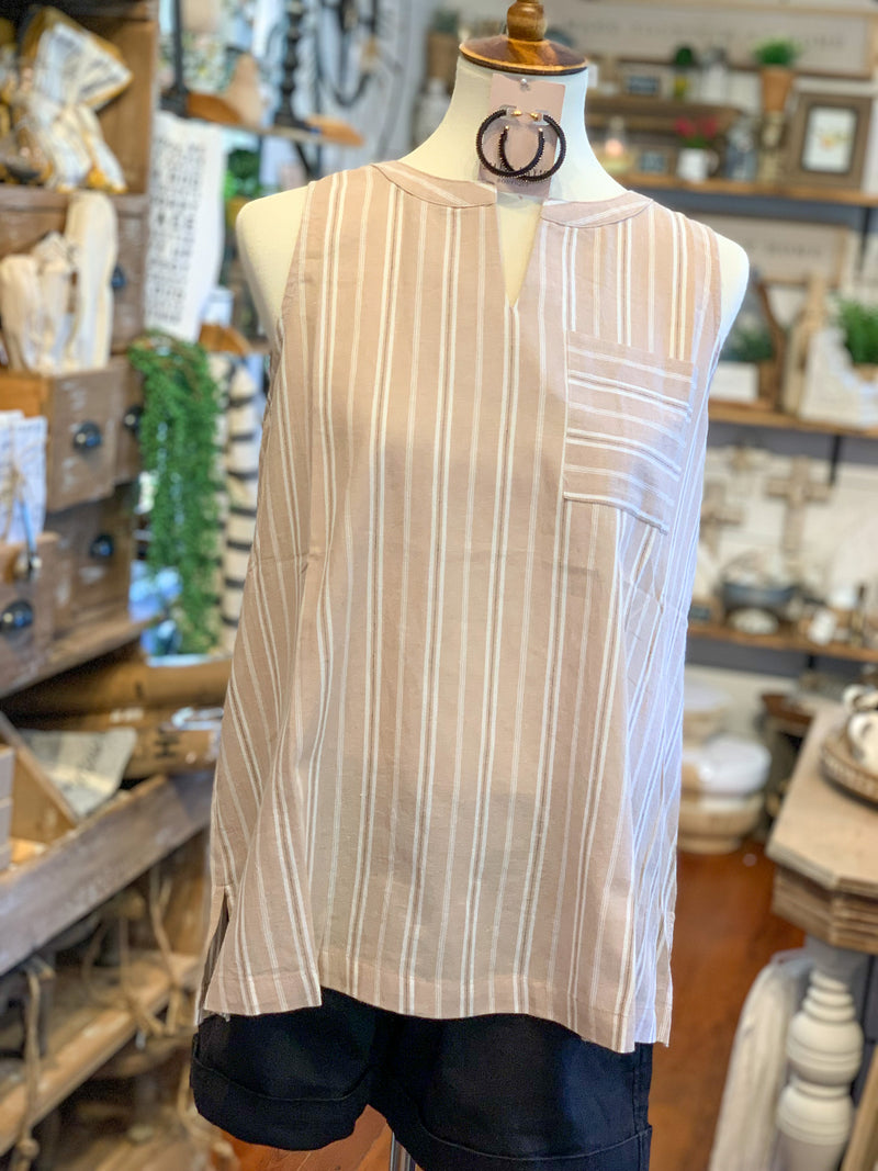 light tan and white stripe tank top with pocket 
