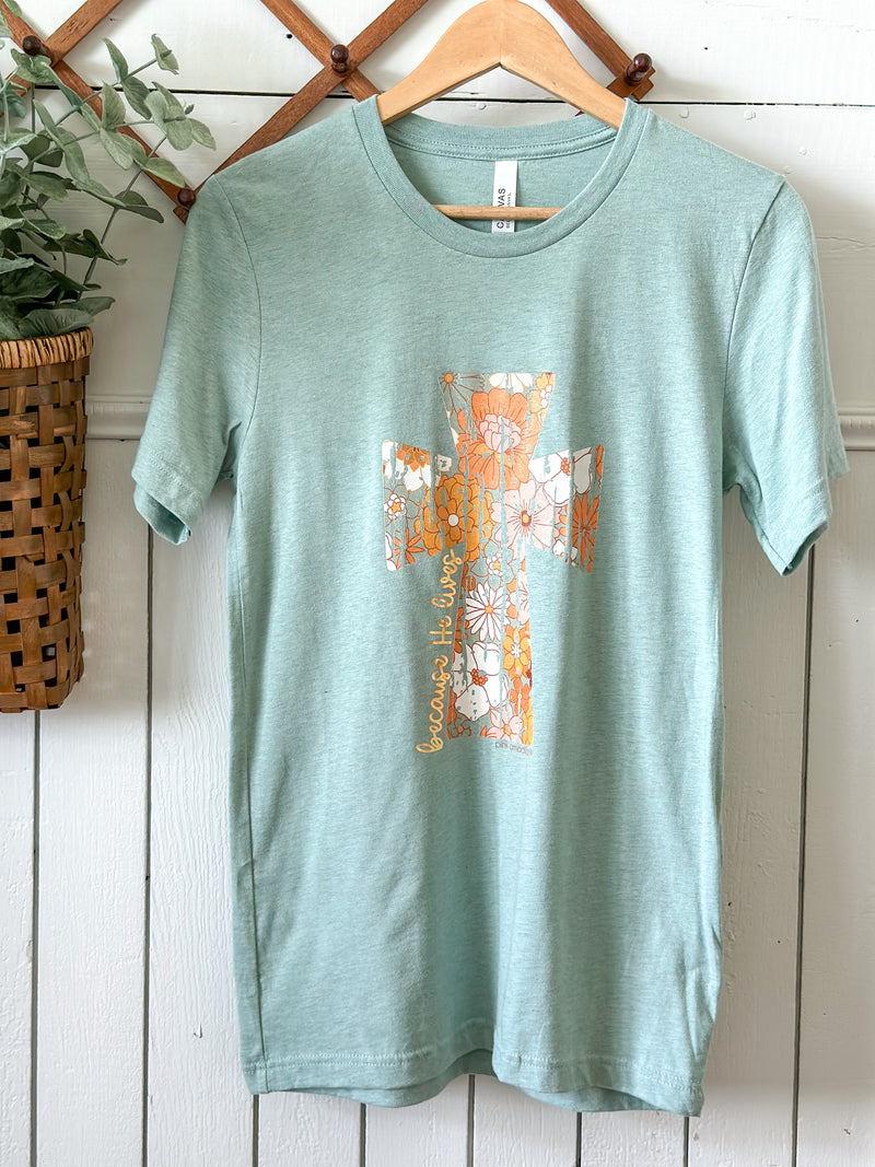 light blue floral cross tee 