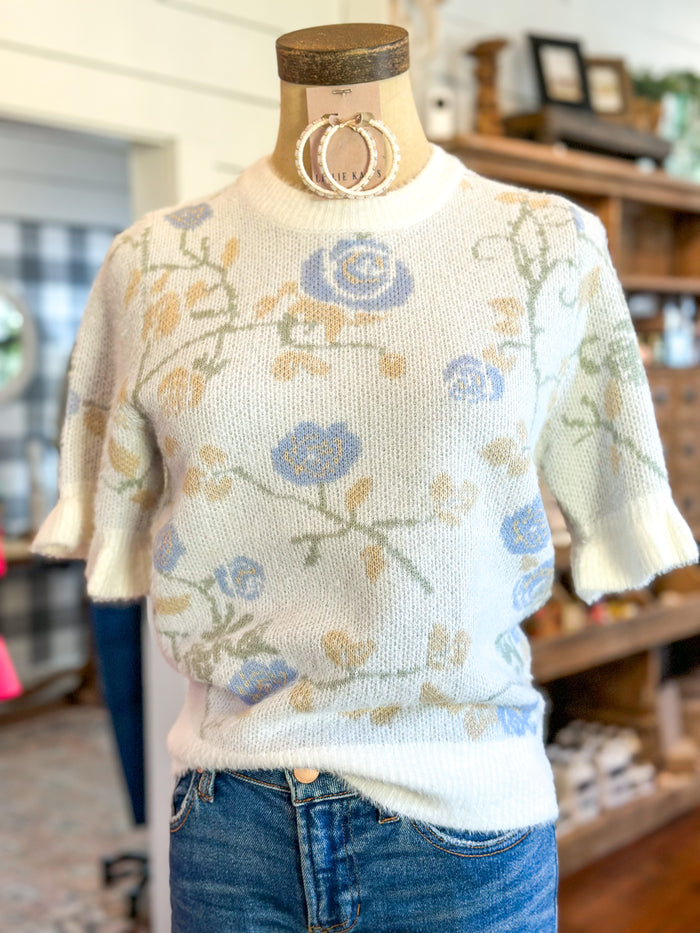 floral print short sleeve sweater