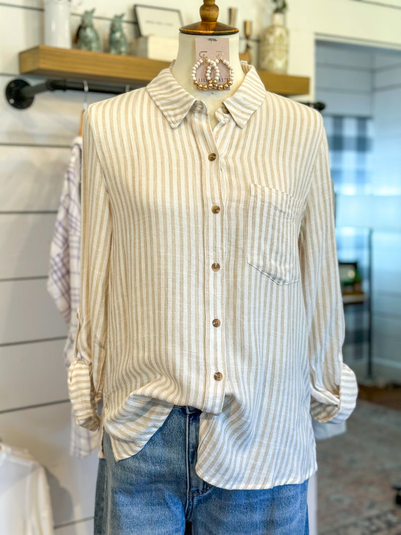 tan stripe button down top with collar