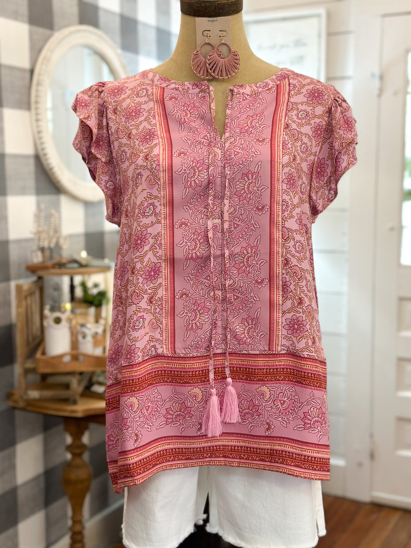 multi color print pink top