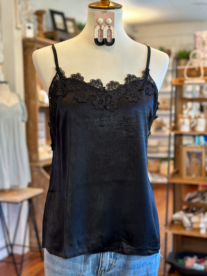 black camisole tank top with lace details