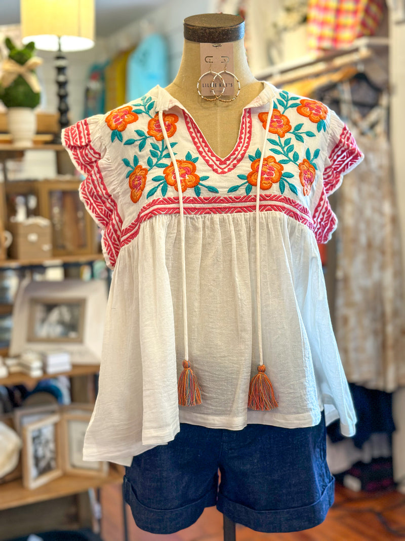 white thml colorful floral embroidered top