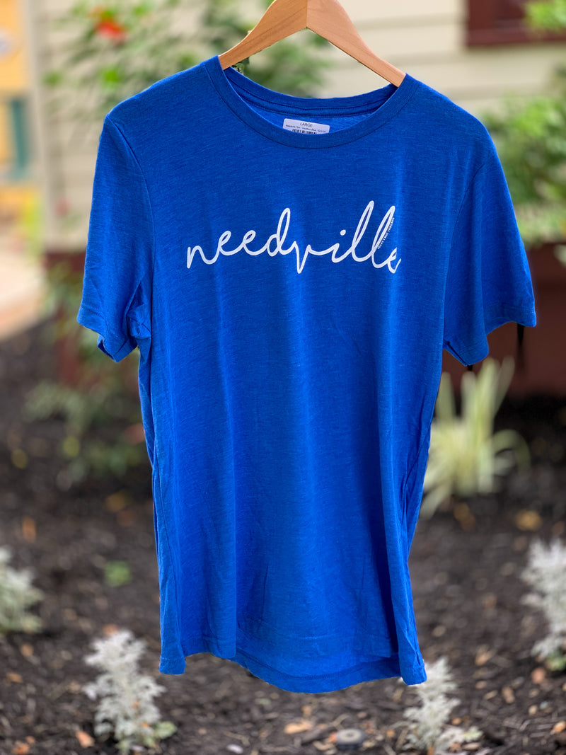 needville in script font on  heather blue