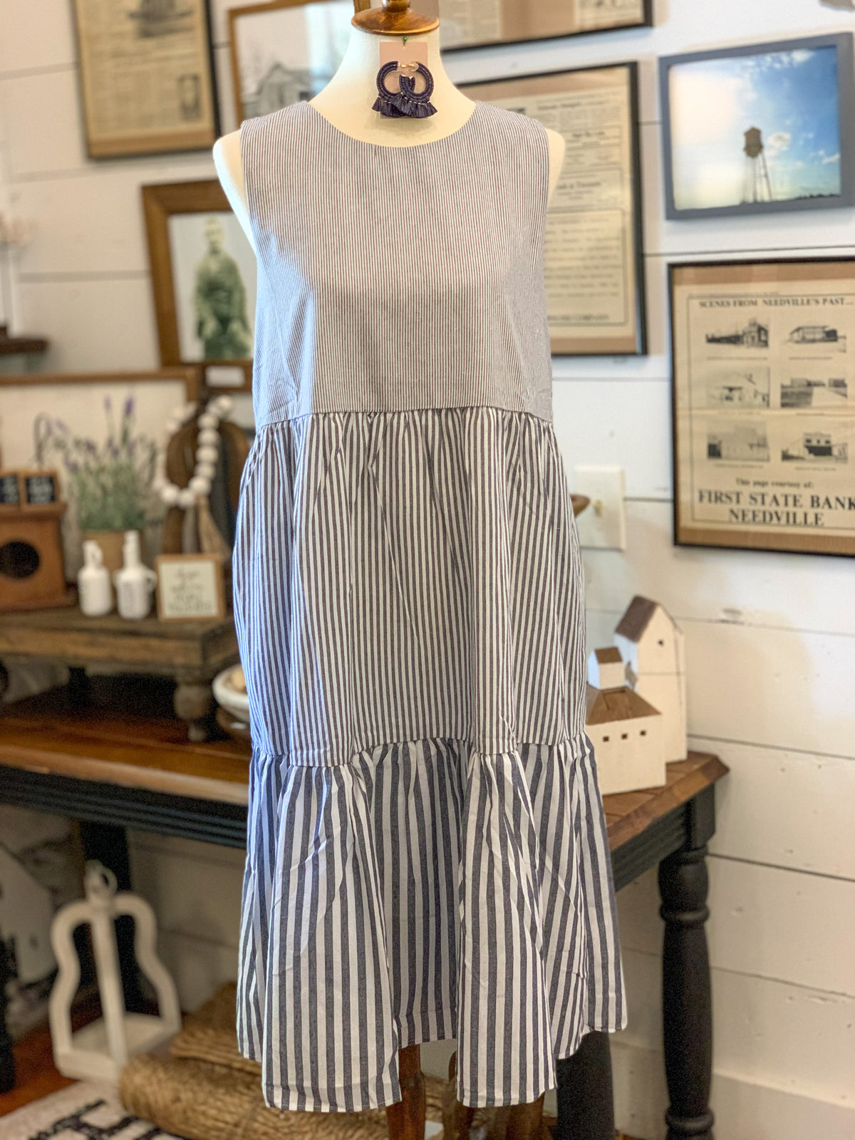 navy and white stipe cotton dress
