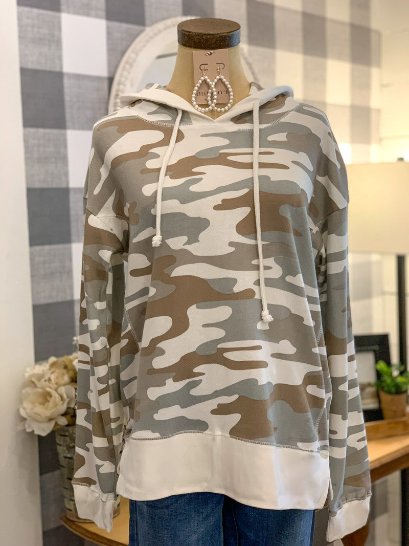 cream. green and tan camo hooded pullover top