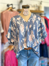 blue pink and cream v neck top