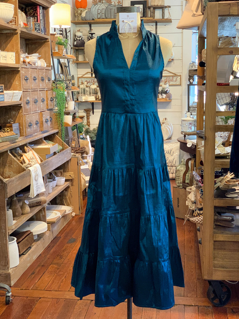 teal blue midi length dress with shimmer