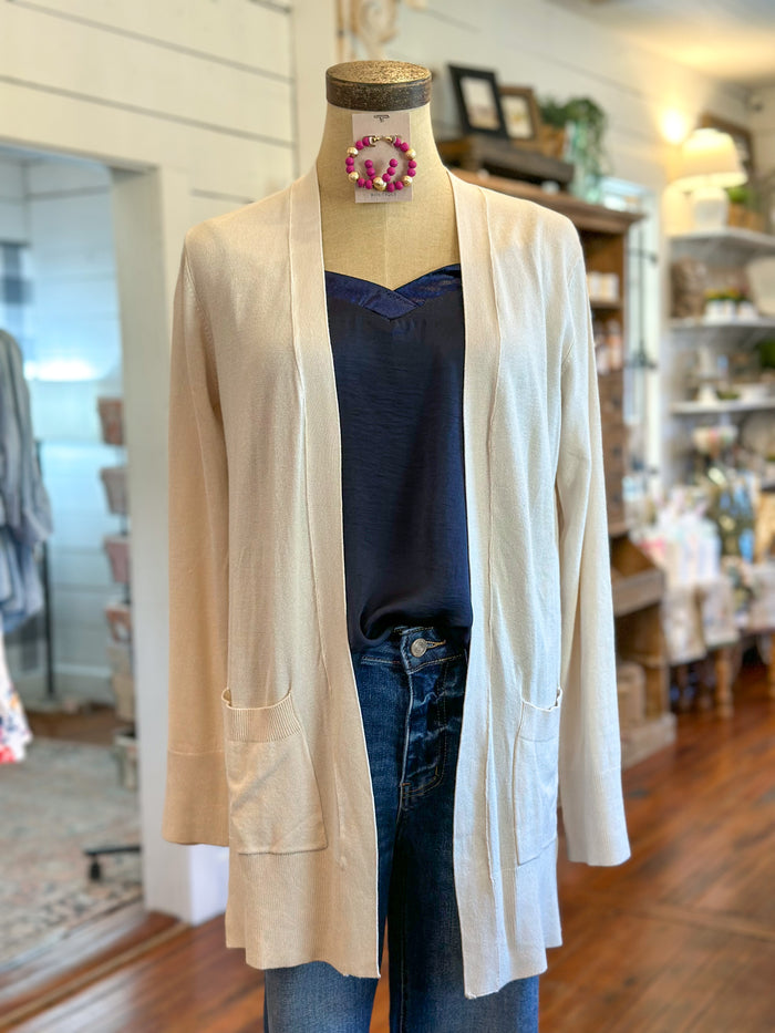 cream color open front cardigan with pockets