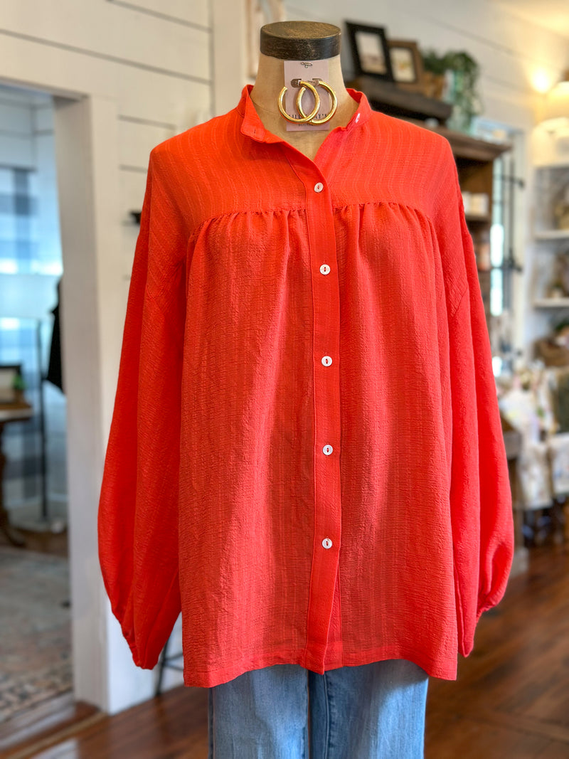 coral orange button down top