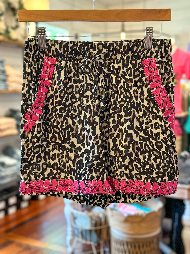 printed shorts with pink embroidered details on front layerz clothing 