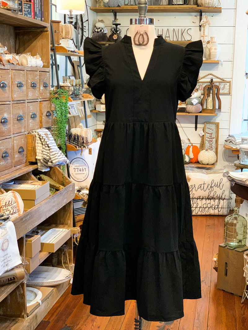 black ruffle midi dress with pockets
