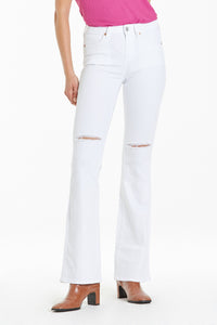 high rise white bootcut jean with holes at the knees