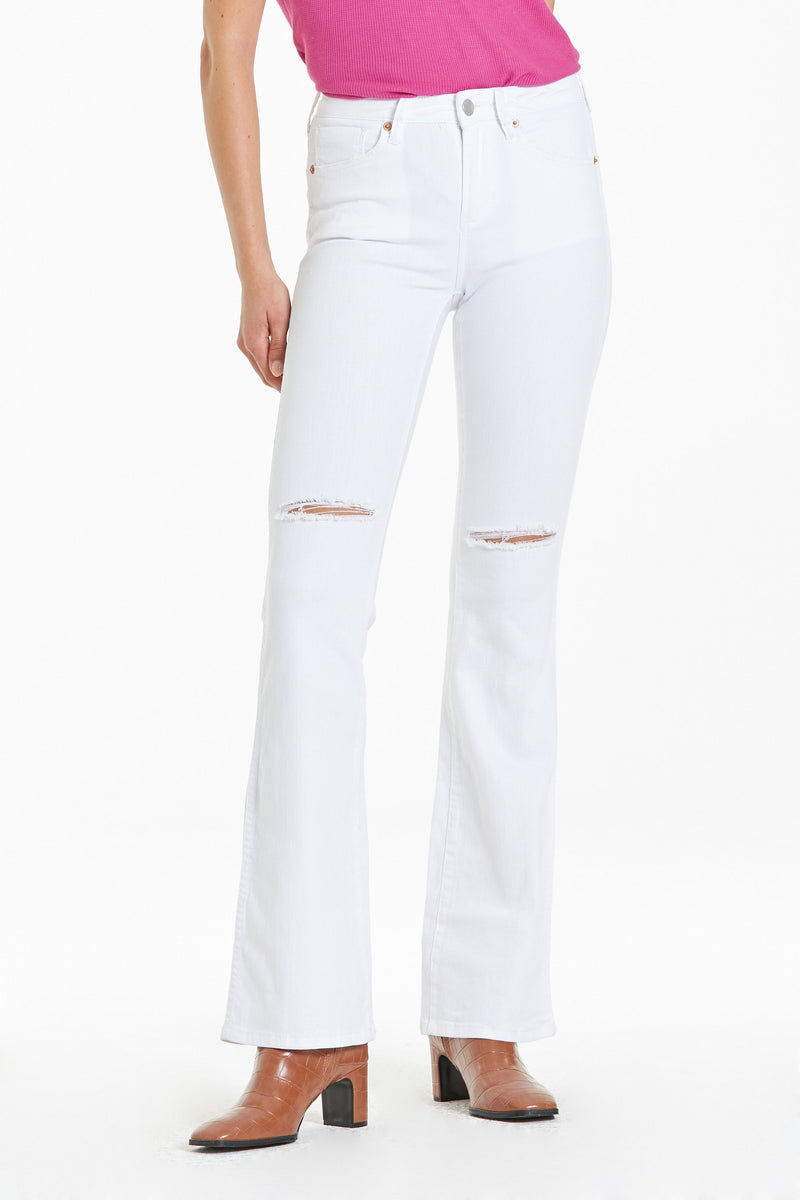 high rise white bootcut jean with holes at the knees
